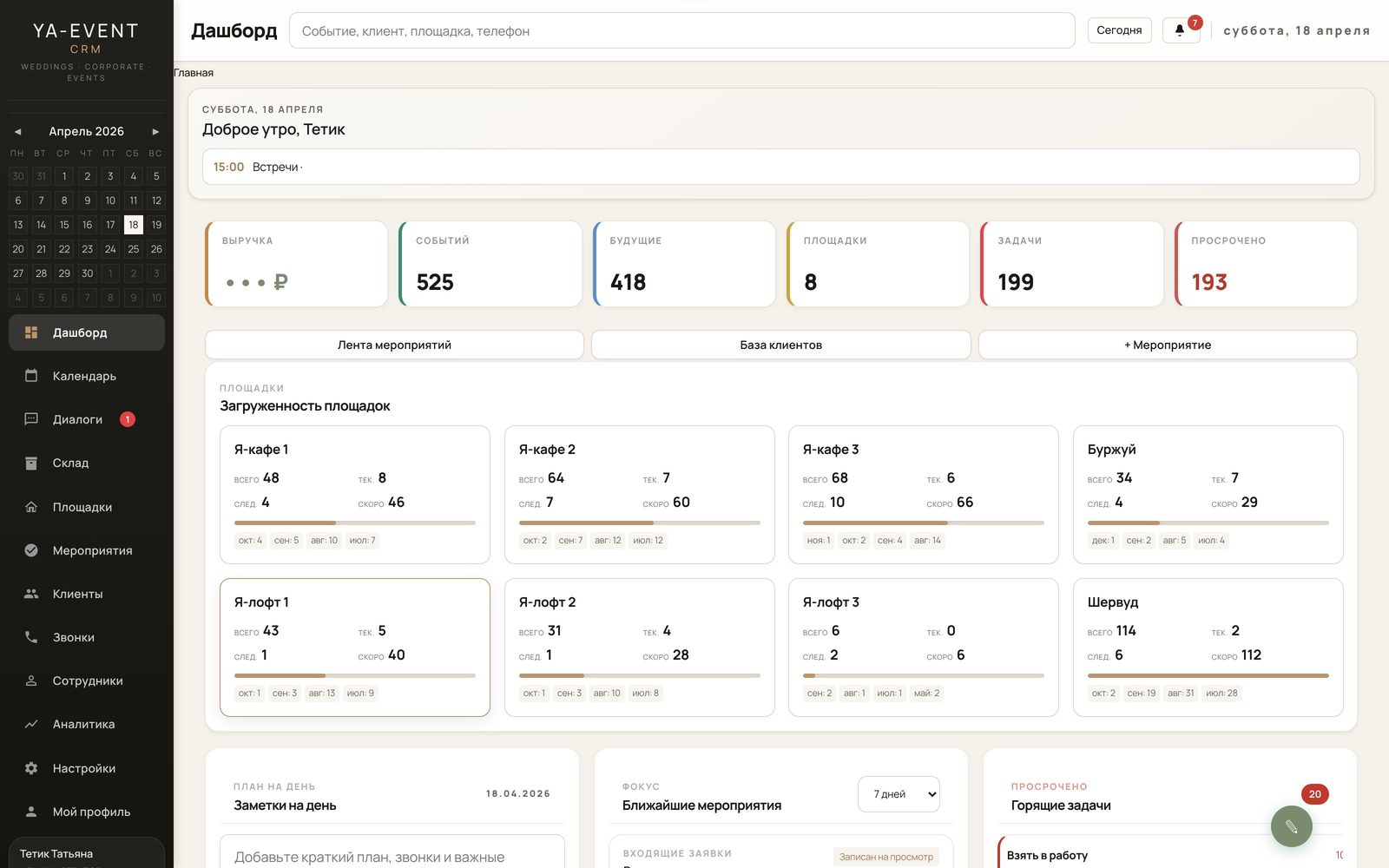 CRM-дашборд YA-EVENT: выручка, события, площадки и задачи
